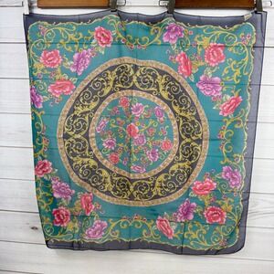 Berkshire Floral Scarf Teal‎ Pink Gold Baroque Medallion Print Lightweight